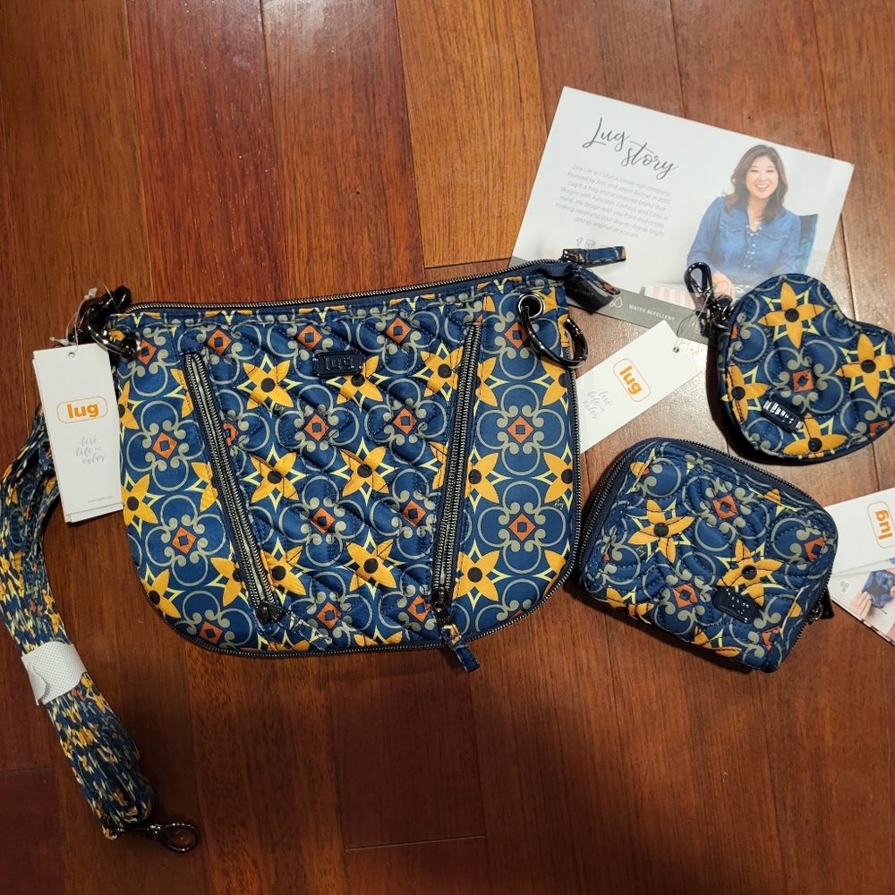 Lug Navy and Gold Patterned 3 Piece Crossbody Bag New Set